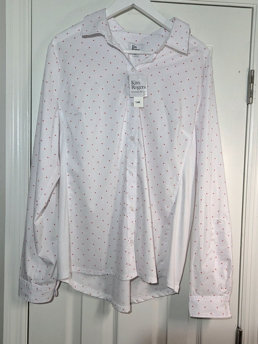 NWT Kim Rogers White Button-Up Shirt Coral Polka Dot Cotton Side Panels Large
